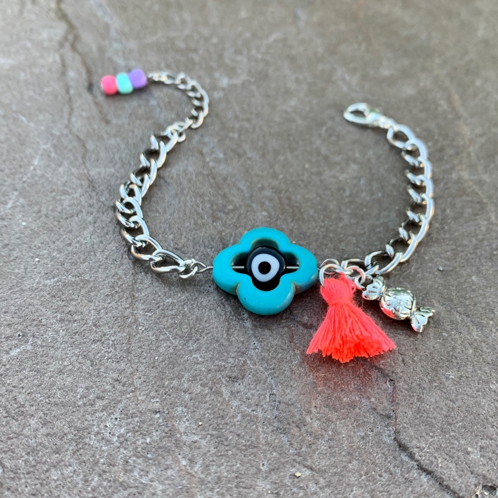Boho Evil Eye Clover link chain Bracelet